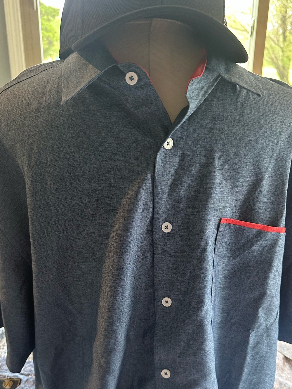 Men's Short-Sleeve Button-Up Shirt in Dark Navy with Red Trim